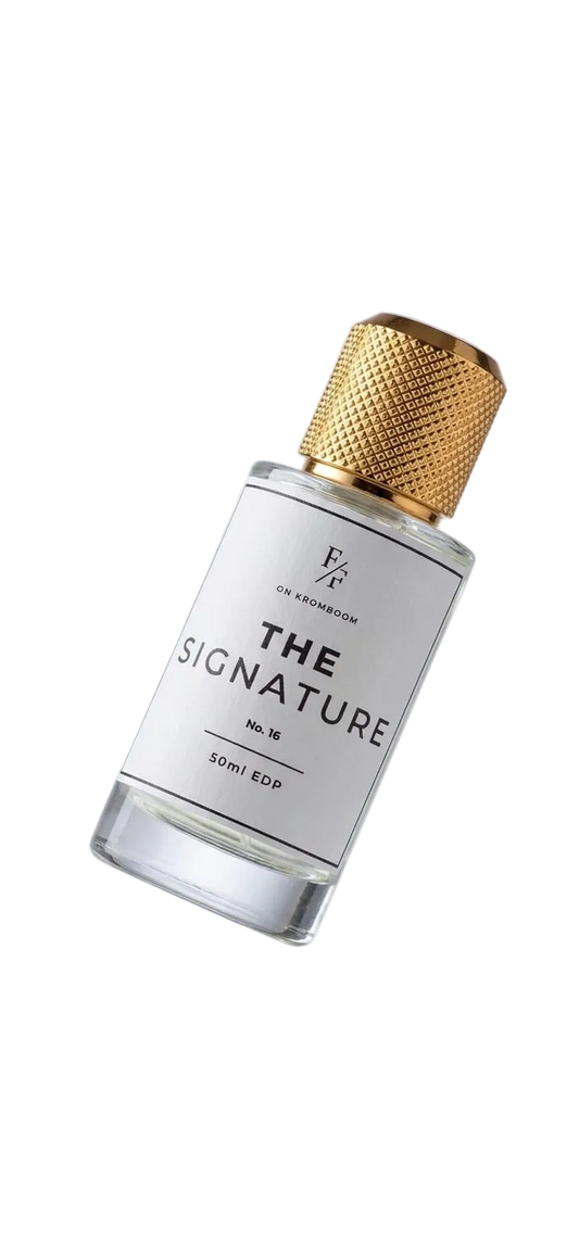 A 50ml spray bottle of 'The Signature No. 16' cologne by Fragrance Factory, featuring a clear glass bottle with a textured gold cap and a white label, shown floating against a light gray gradient background.