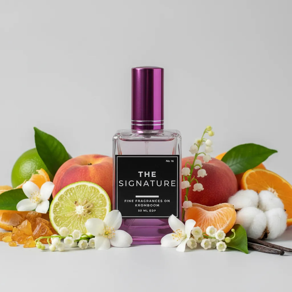 Perfume bottle labeled 'The Signature' surrounded by fruits and flowers on a light background
