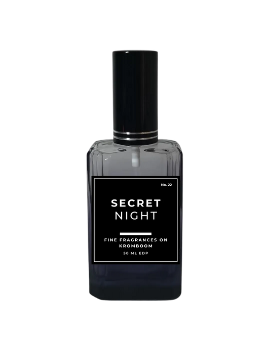 Perfume bottle labeled 'Secret Night' on a white background by Fine Fragrances on Kromboom