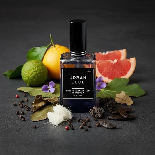 Perfume bottle labeled 'Urban Blue' surrounded by fruits and leaves on a dark background