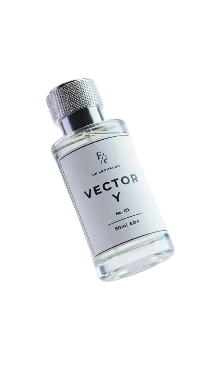 Perfume bottle labeled 'Vector Y' on a light gray background