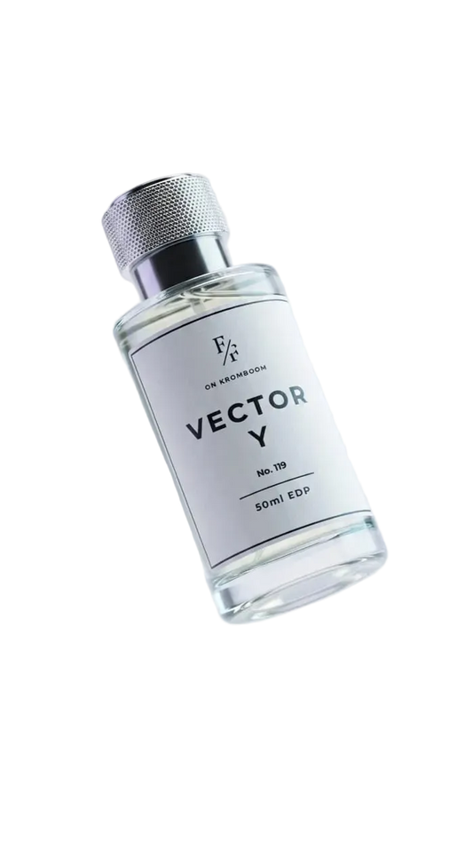 Perfume bottle labeled 'Vector Y' on a light gray background