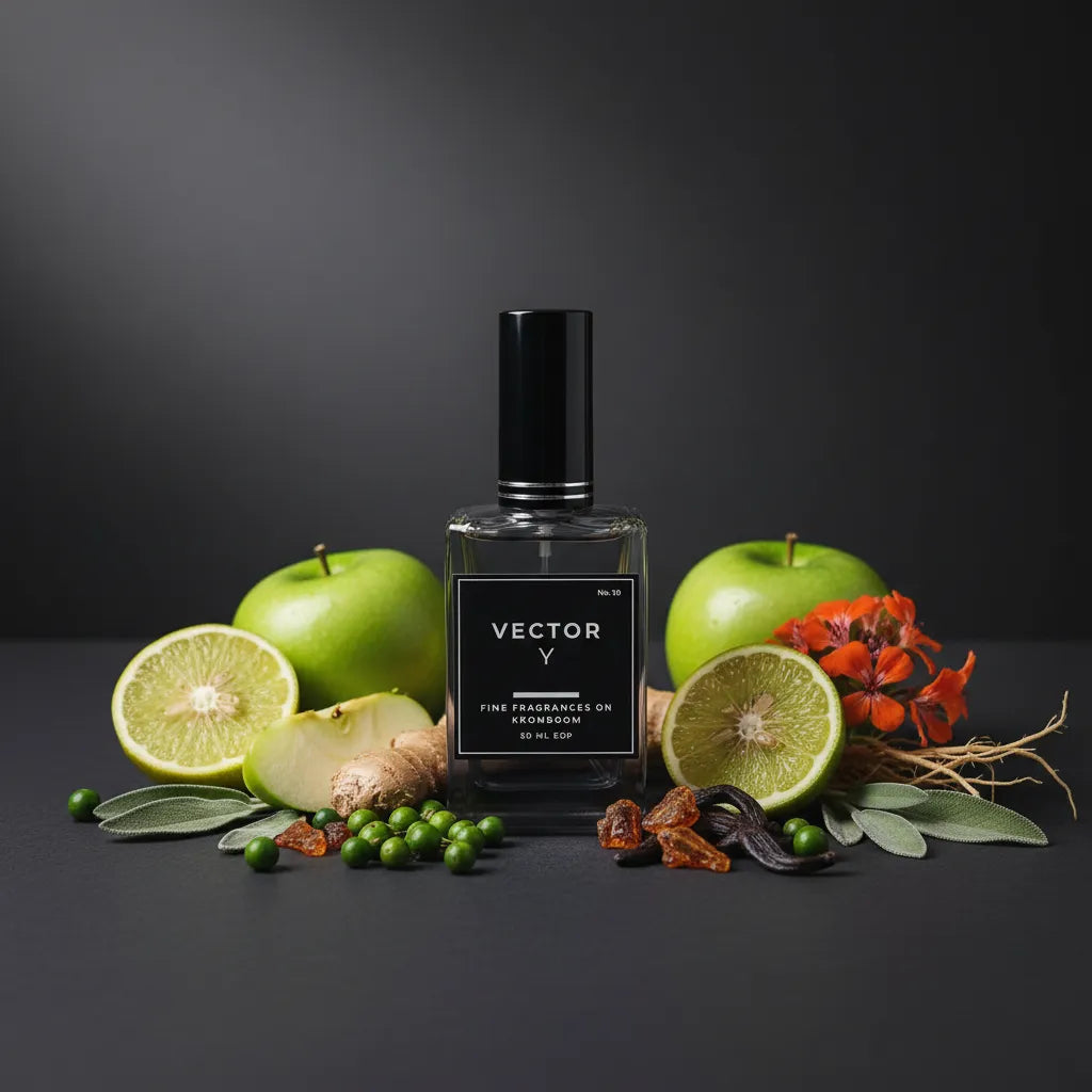 Vector perfume bottle with green apples, limes, and flowers on a dark background