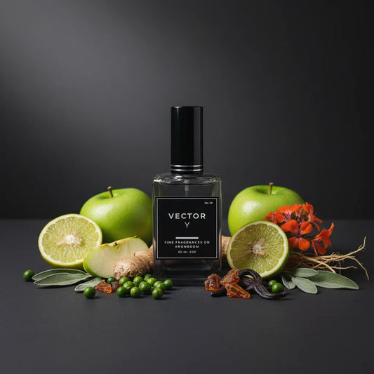 Vector perfume bottle with green apples, limes, and flowers on a dark background