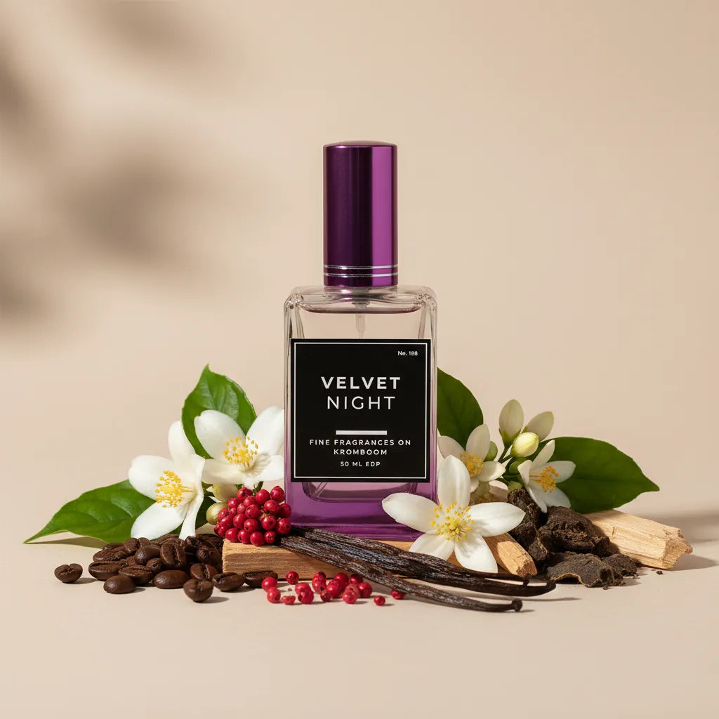 Perfume bottle labeled 'Velvet Night' surrounded by flowers and leaves on a beige background