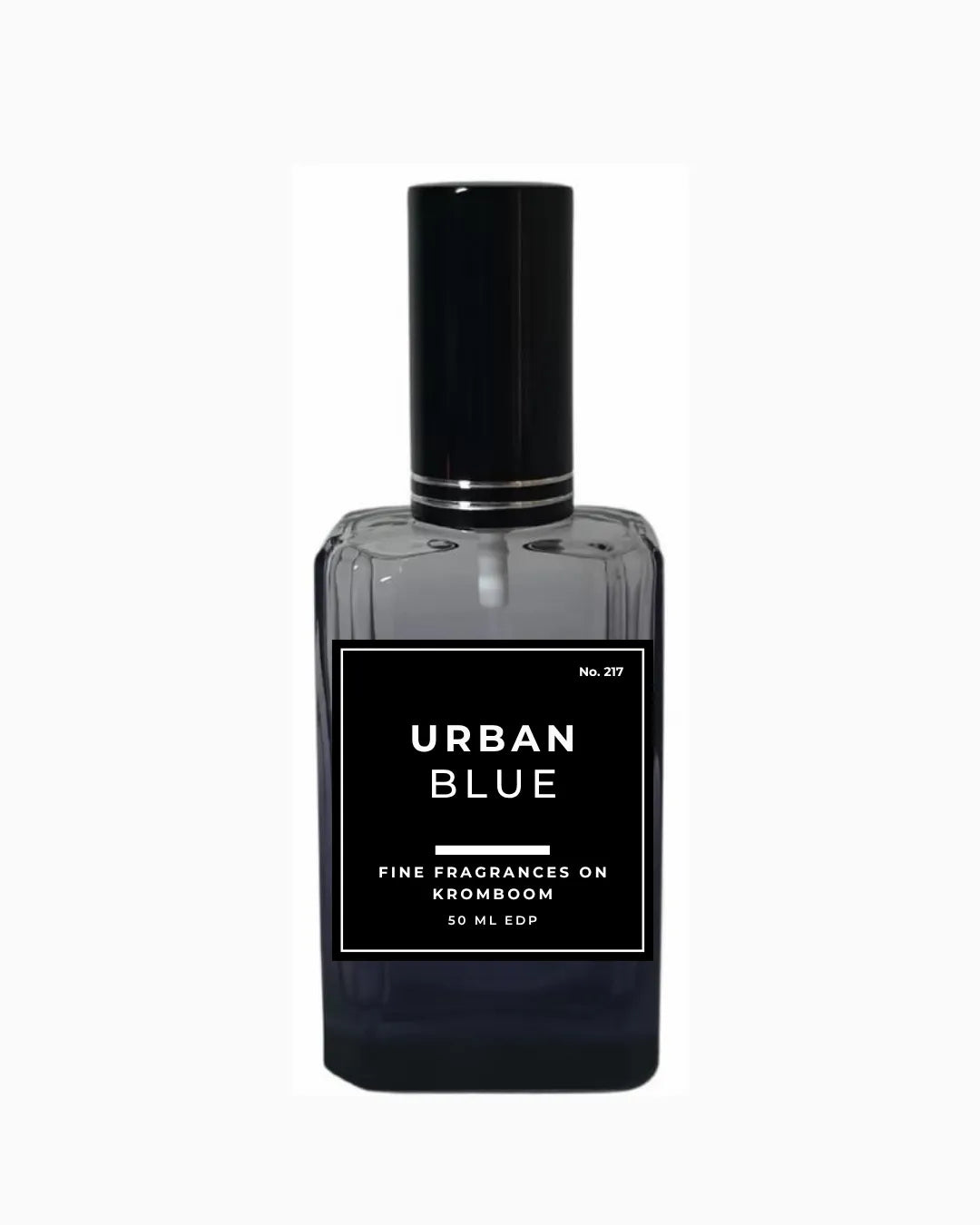 Perfume bottle labeled 'Urban Blue, Fine Fragrances on Kromboom 50ml EDP' on a white background
