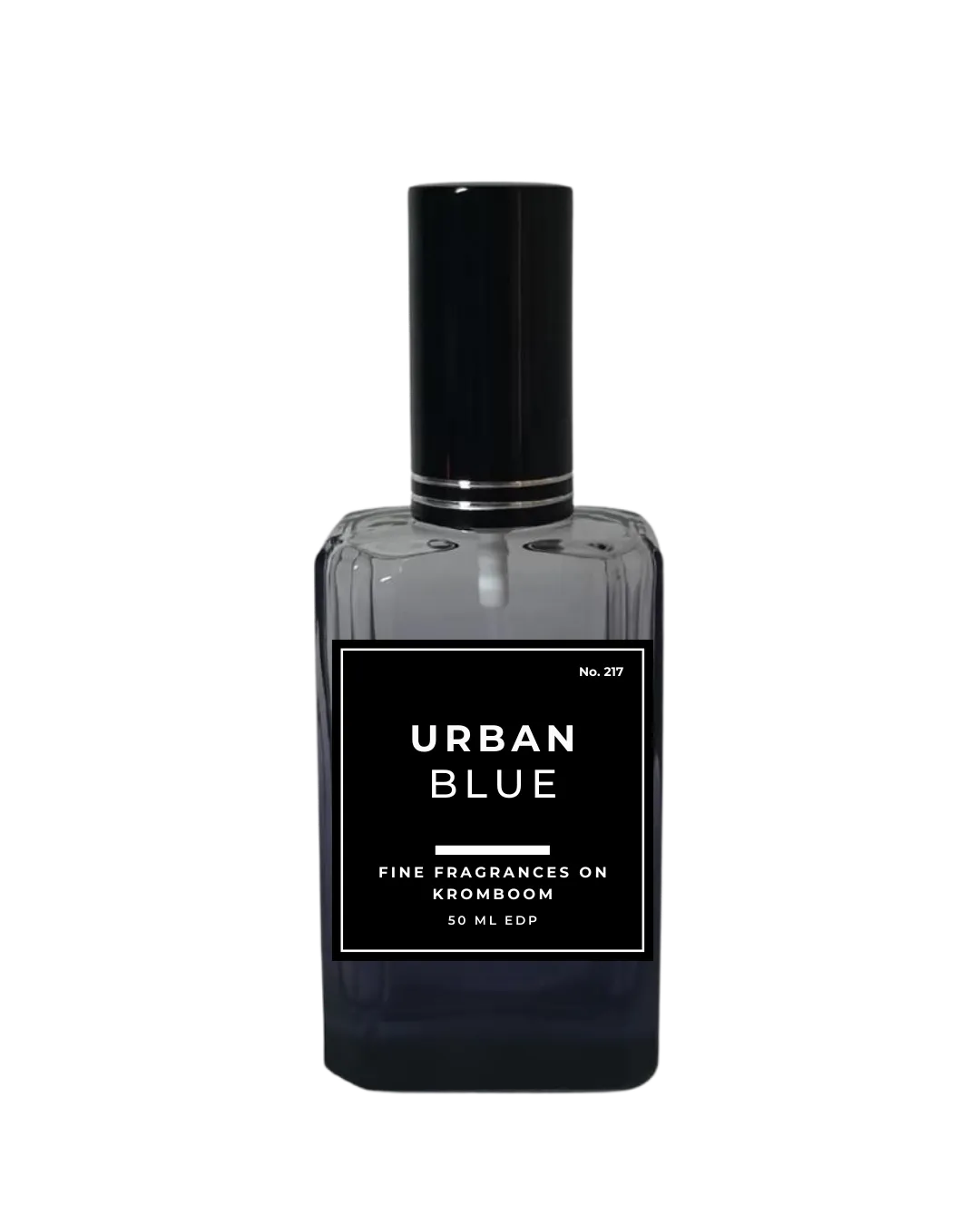 Perfume bottle labeled 'Urban Blue' on a white background by Fine Fragrances on Kromboom