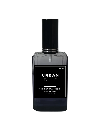 Perfume bottle labeled 'Urban Blue' on a white background by Fine Fragrances on Kromboom