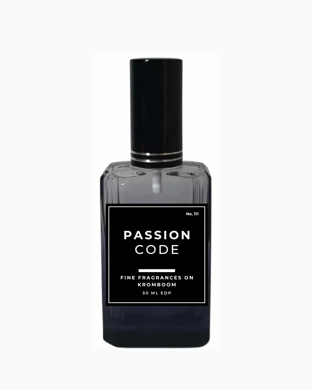 Perfume bottle labeled 'Passion Code, Fine Fragrances on Kromboom 50ml EDP' on a white background