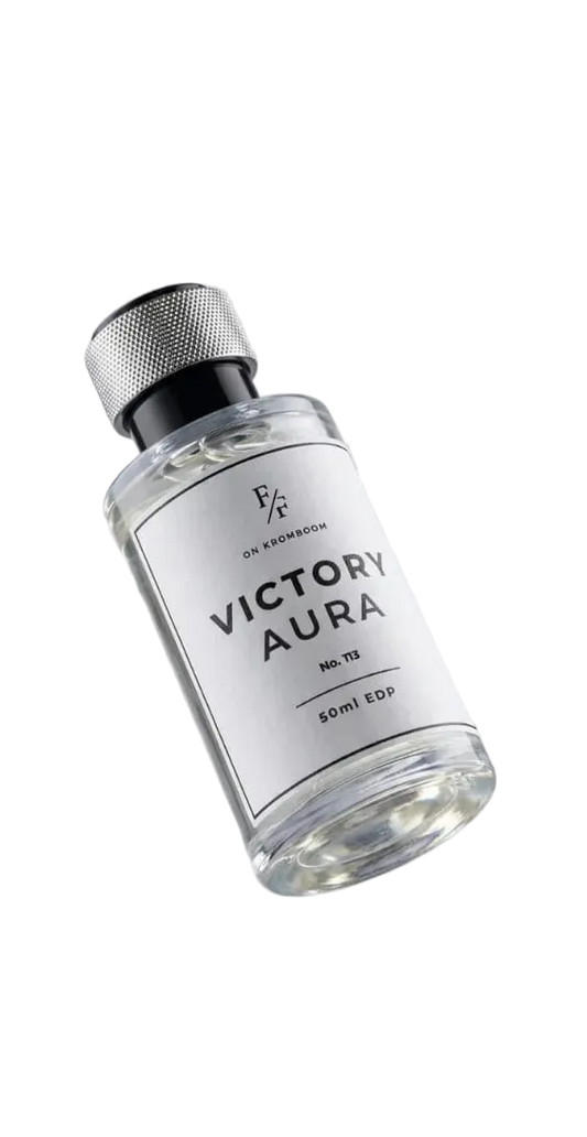 Perfume bottle labeled 'Victory Aura' on a light gray background
