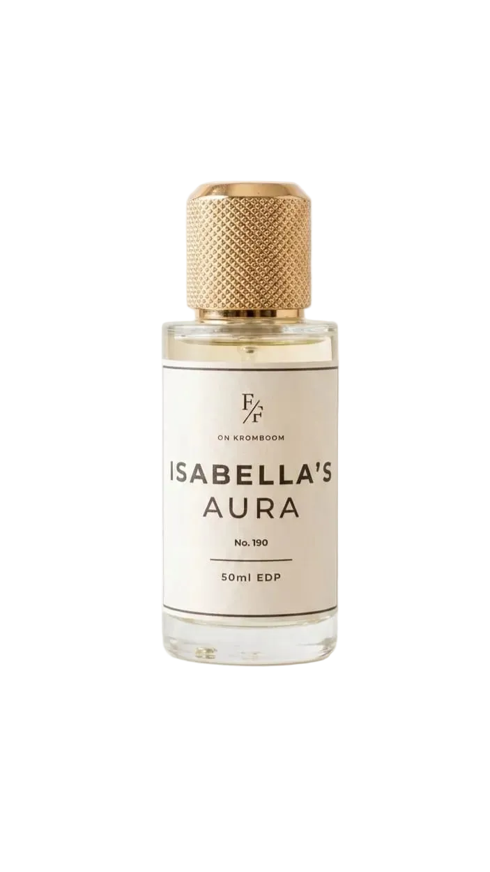Perfume bottle labeled 'Isabella's Aura' on a white background