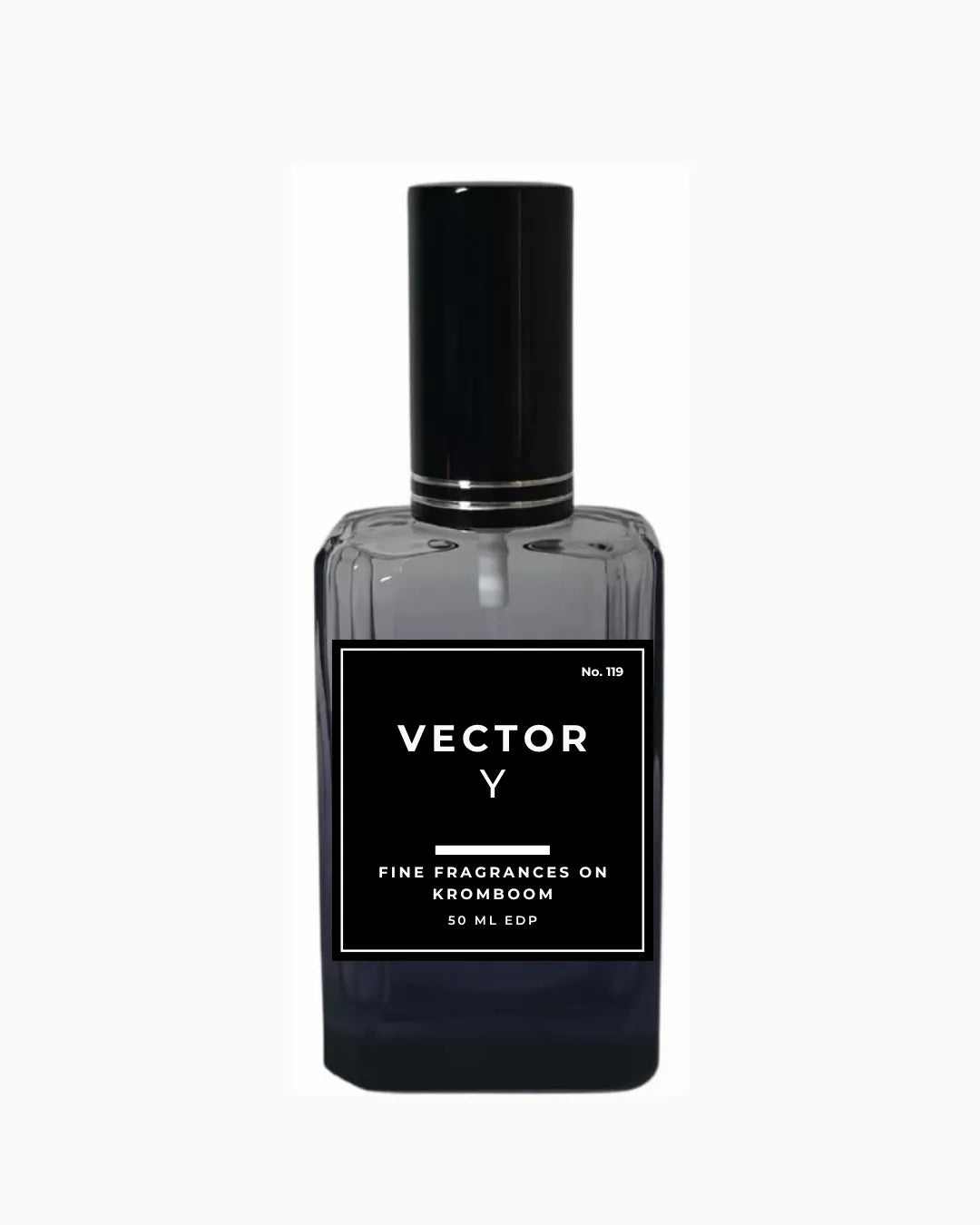Perfume bottle labeled 'Vector Y, Fine Fragrances on Kromboom 50ml EDP' on a white background
