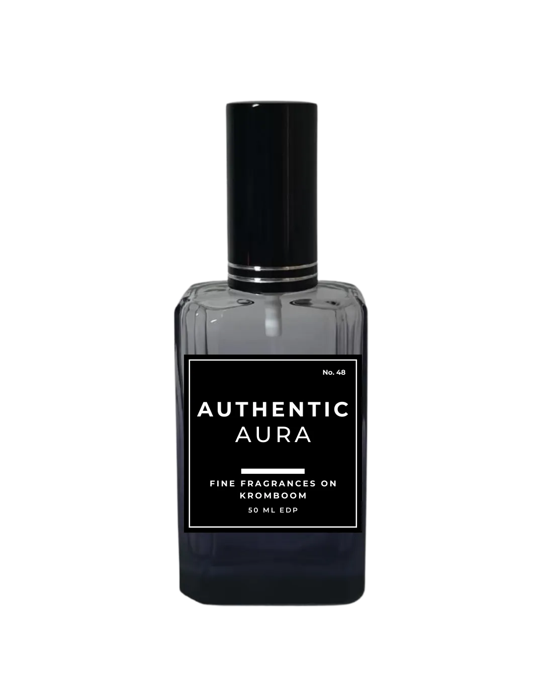 Perfume bottle labeled 'Authentic Aura' on a white background by Fine Fragrances on Kromboom