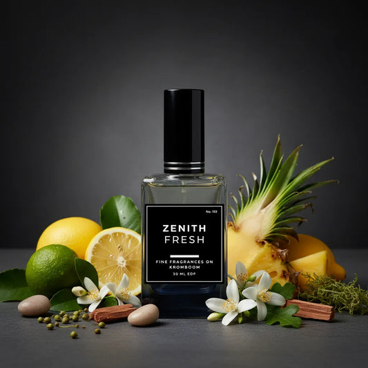 Perfume bottle labeled 'Zenith Fresh' surrounded by fruits and flowers on a dark background