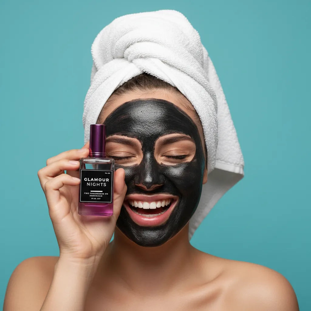 Woman with a black face mask holding a bottle labeled 'Glamour Nights' against a teal background